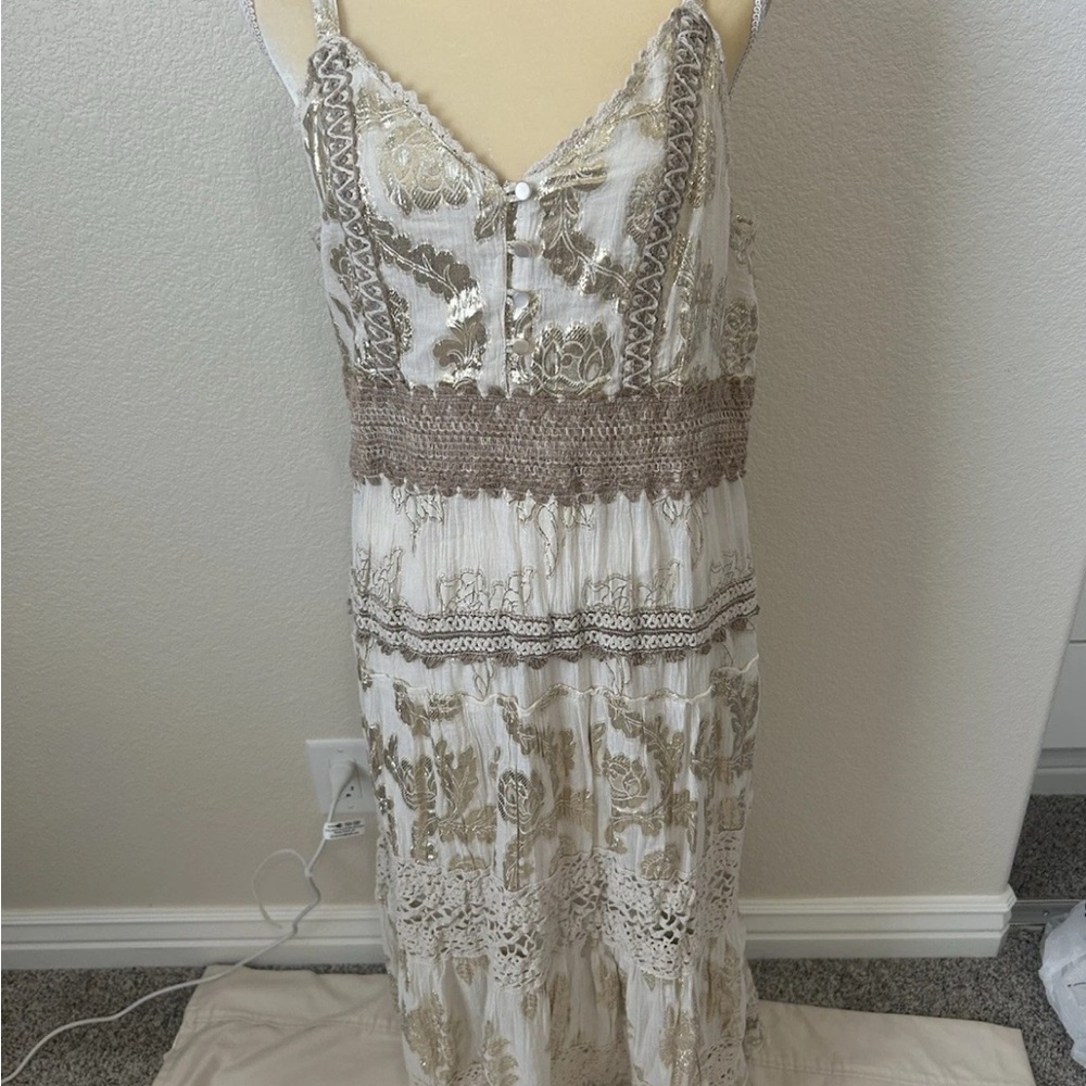 NWT Anthropologie Me 2 Magic Cream Gold Metallic Tassels Tiered Midi Dress SZ 3X